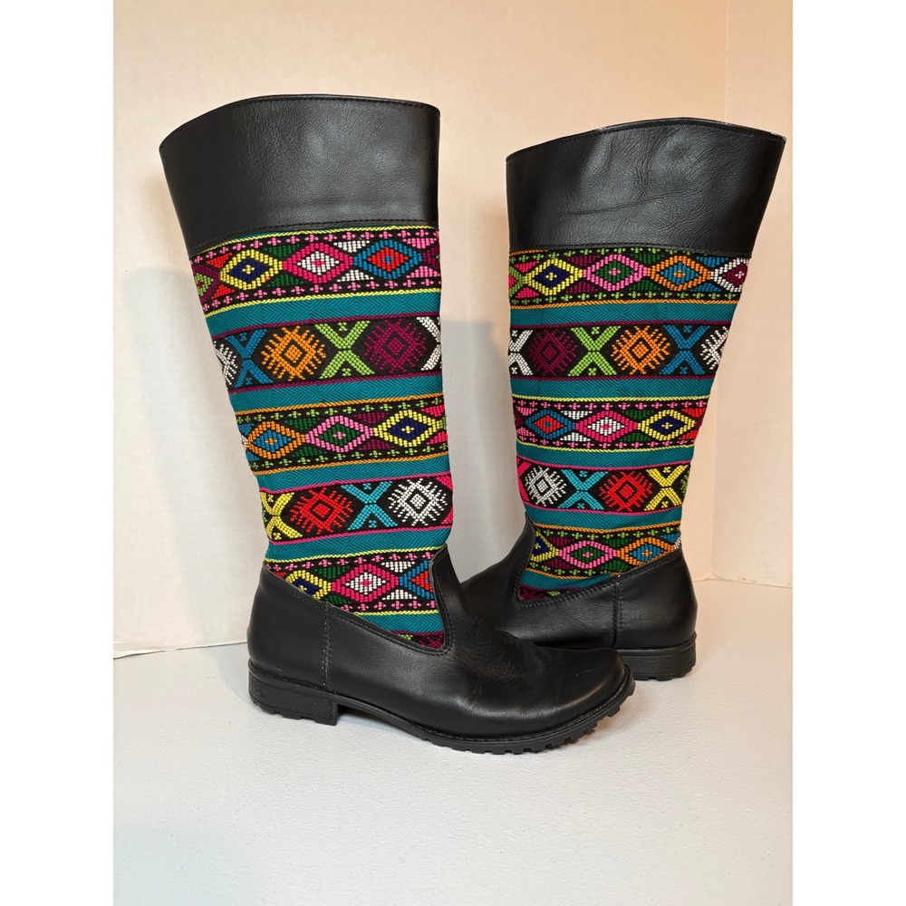 Guatemalan Handwoven Huipil Leather Boots Bag Set Size 39 US 8 8.5 Boho Tribal